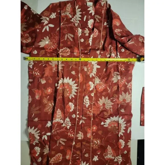 Handprint Red Floral Short Sleeve Tie Up Robe 100%‎ Cotton Bath Robe - Picture 3 of 9